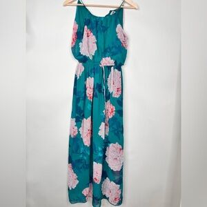 Sweet Storm Green/Pink flower print‎ lined to knee dress drawstring size Med